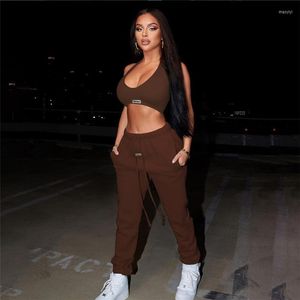 Women's Two Piece Pants Solid Set Women Sweatsuits Sexy Halter Crop Top And Long Matching Sets Sports Tracksuit Workout Stretchy Outfits