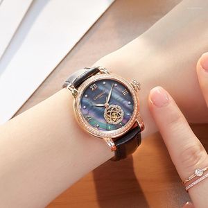 Wristwatches 2022 CARNIVAL Skeleton Mechanical Movement Rose Golden Dial Automatic Watch Wristwatch For Women With Black Leather Strap
