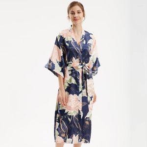 Nightdress de roupas de dormir feminino Nightdress mulher sexy lounge casual camisola longa vestido de túnio cetim verão impressão solta flor Kimono Bathrobe