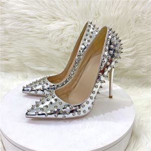 Full Spikes Red Bottoms Shoes Women Glossy Silver Pointed Toe High Heel Shoe 8cm 10cm 12cm Sexy Rivets Studs Red Soles Stiletto Pumps Lady Pointy Heels