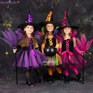 Specjalne okazje przebranie kostium czarownic dla dziewcząt Halloween Tutu Knee Sukienka z kapeluszem Broom Ratehose Kids Carnival Cosplay Party Zestaw 220909