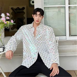 Camisas casuais masculinas luxuosas de manga longa Camisa original Bordado xadrez de peixes de personalidade Blusa do estilo coreano Loose