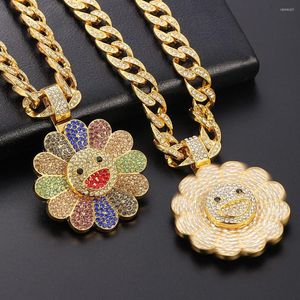 Pendant Necklaces Men Women Hip Hop Iced Out Bling Sunflower Shape Necklace Multicolour Fashion Cuban Chain Choker Charm Jewelry