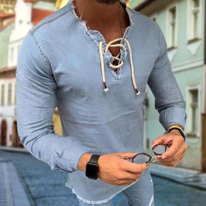 Męskie koszulki T shirty męskie męską koszulę dżinsową koszulę z krótkimi rękawami koronkowymi solidnymi kolorami frędzlonymi rozciągnięciem letnie moda szczupła