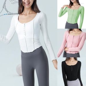 Damskie koszulki damskie szwy z krawędzi na topie z długim rękawem Krzyżowany rąbek T-shirt z guzikiem U zwyczajne topy kobiety Slim Camisetas Femme