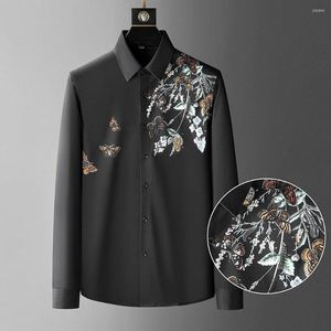 Men's Casual Shirts Butterfly Floral Rhinestone Print Dress Shirt Mens Streetwear Italy Social Drill Men's Clothing Slim