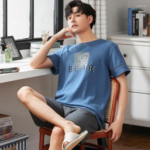 Men's Sleepwear Summer Men's Cotton Pajamas Fashion BEAR Letter Cartoon Suit Cool Korean Blue Plus Size Short Sleeve Homewear Male