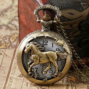 Pocket Watches Hollow Horse Fob Fashion Quartz Watch Vintage Necklace Pendant Clock Gift Bronze Chain