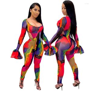 Kvinnors spårningsdräkter BKLD Mesh Sheer Print Night Club Long Flare Sleeve Bodysuit and Pants for Women Party 2 Piece Set Fashion Summer 2022