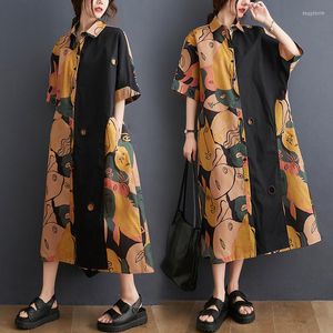 Party Dresses Office Lady Plus Size Loose Cotton Shirt Vintage Dress Women's Print Stitching Belly 2022 Summer Beachwear Mini Kaftan