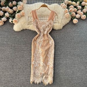 French Embroidery Lace Elegant for Women Sleeveless Backless Midi Sexy Party Dress Vestido Feminino Bodycon Slim Robe 2023