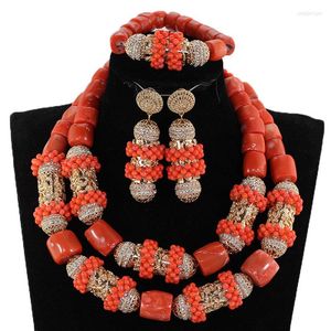 Necklace Earrings Set Original Coral Beads Jewelry For Celebrate Gold Chunky Bridal African Nigerian Wedding Gift Women CG063