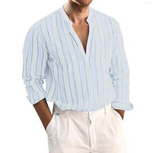 Men's Casual Shirts Shirt For Men Cotton Linen Stripe Print Loose V Neck Mens Long Sleeve Male Korean Style Vintage Clothes Chemise T2