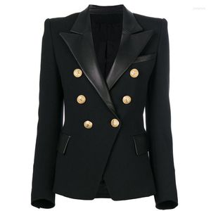 Women's Suits HIGH QUALITY Est 2022 Designer Jacket Women's Classic Lion Buttons Double Breasted Leather Collar Slim Fit Blazer