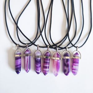 PEDRA NATURAL Purple Red Stripe AGate Prisma hexagonal de colares pendentes de reiki Charms de Chain PU para mulheres jóias