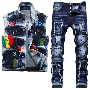 Summer Tracksuits Moto Biker Vest Jeans 2 Pieces Pants Sets for Men Retro Motorcycle Rock Badge Embroidered Waistcoat and Ripped Patch Stretch Pants