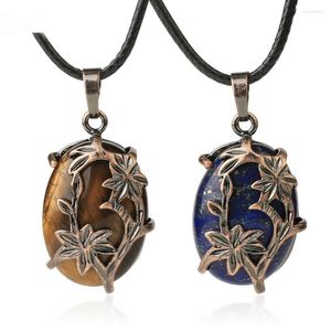 Pendant Necklaces Classic Natural Stone Necklace Hollow Bronze Flower Setting Multi Colors Jewelry For Men Or Women