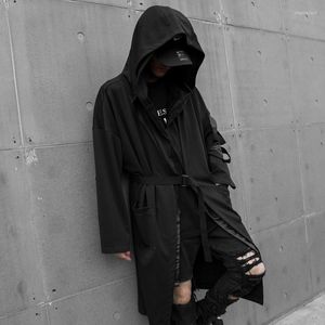 Men's Trench Coats Drop Male Sleeve Hollow Out Punk Hip Hop Hooded Coat With Adjustable Belt Man Vintage Long Jacket Gothic Cloak