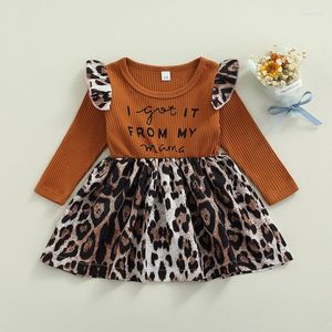 Mädchen Kleider Kleinkind Baby Mädchen Süßes Kleid Prinzessin Rüschen Langarm Leopard Briefdruck Rüschen Gesmokt A-Linie Für Kinder