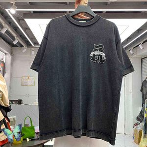 Men's T-Shirts Tanyakan Huruf Bordir Retro Cuci Air untuk Membuat Lama Longgar Leher Bulat Pria dan Wanita Kasual Musim Panas Kaus Lengan Pendek T220909