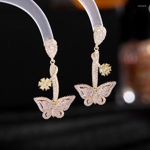 Dangle Earrings 2022 Retro Shiny Zirconia Temperament Blue And Pink CZ Butterfly Drop For Woman Beautiful Jewellery