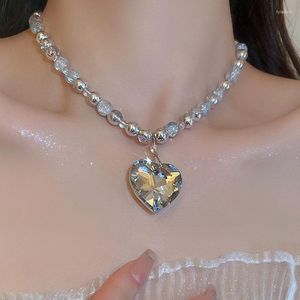 Pendanthalsband Uilz Luxury White Silver Shine Heart Zircon Crystal Choker for Women Bead Ball Chain Necklace Statement smycken