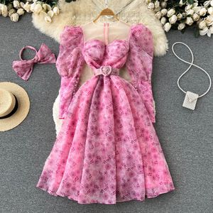 Novos vestidos casuais verão estampa floral fino vestido feminino completo decote em O chiffon manga bufante pulôver vestidos femininos 2023