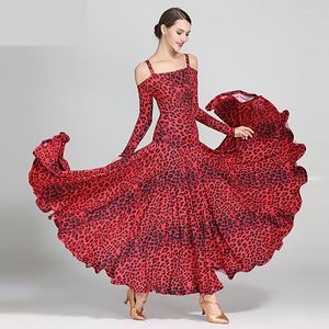 Stage Wear 2022 Leopard Modern Dance Dress Sexy Off-shoulder Long Sleeve Waltz Tango Spanish Flamenco Standard Ballroom Dresses