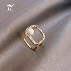 Classic Hollow Out Square Pearl Gold Color Rings For 2022 New Fashion Korean Jewelry Wedding Party Girl's Inclow