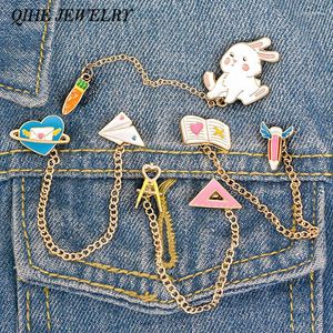 Brooches QIHE JEWELRY Cute Tassel Chain Linked Pins Carrot Aircraft Planet Pencil Book Compasses Ruler Enamel Lapel