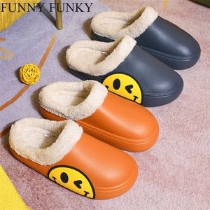 Slippers FUNNY FUNKY Winter Women's Shoes EVA Clogs with Fleece Nonslip Sole Smile Face Slipper For Women Waterproof Couple 220909