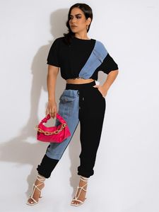 Kvinnors tv￥bitar byxor tr￤ning Jean Patchwork Women 2 Set 2022 Summer Tee and Jogger Matching Female Suits