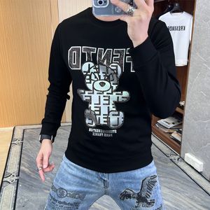 Round Neck Mens Streetwear Hoodies Letter Bear Diamond Male Pullover Casual Youth Fashion Man Sweater Long Sleeve T-shirt Clothing M-5XL