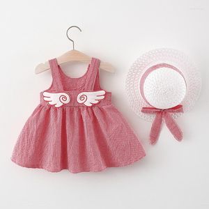 Mädchen Kleider 2022 6-48Y Sommer Kleinkind Baby Kinder Set Mädchen Plaid Prinzessin Flügel Kleid Casual Kleidung Hut