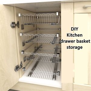 Storage Baskets DIY Cupboard Drawer Basket Kitchen Storage Shelf Organizer Sliding Cabinet Basket Pull Out Metal Drawer Type Mesh Basket 220912