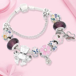 Charm Bracelets Drop Romantic Colorful Cherry Blossoms Bracelet Silver Color Plant Fairy Robot Bead For Women Girl Gift