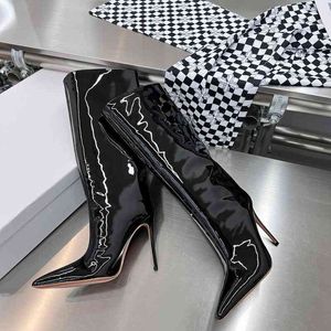 Boots Boots Knee length boots women's thin heel pointed Amina muaddi high patent leather black barrel single