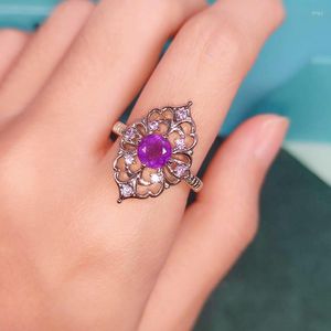 Cluster-Ringe 2022 Sterling Silber Mode Temperament durch Blume eingelegter natürlicher Amethyst Verstellbarer Ring für Frauen Schmuck Weihnachten