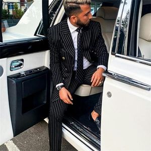 Erkek Suit Blazers Siyah Pinstripe Çift Kelime Breasted İş Resmi Erkekler Takım İnce Fit Erkekler Blazer Sıradan Ceket Düğün Smokin Takım Pantolonlu 220909