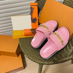 GRANHO DE CRINA DE OURO MULHERES DE PRODIÇÃO Rosa Designer de chinelos de borda larga larga respirável não deslizamento preto flip-flops Slider Shoes planos largos Lady Sandal com tamanho de caixa 35-40