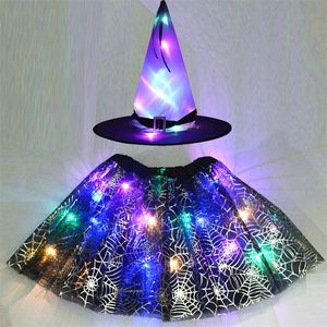 Hair Accessories Children Kids Girl Glow Light Up Witch Hat Spider Web Cobweb Skirt Party LED Suit Princess Costume Wand Festival Halloween 220909