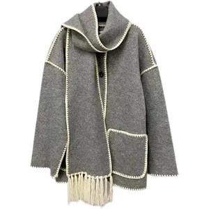 new autumn and winter22FW tot Single-breasted Tassel Scarf Wool Coat grey Colors; grey and apricot