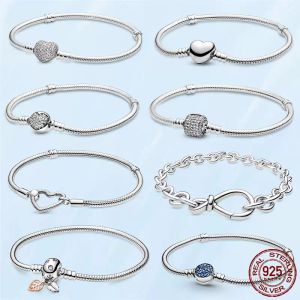 New Authentic Popular 925 Sterling Silver Best Selling Bracelet for Women Heart Shaped Snake Chain Ladies Fit Pandora Charm Beads Jewelry Gift with Original Box