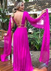 Chiffon V Neck Backless Evening Dresses With Long Wrap Pleated A Line Prom Formal Gowns For Women Dubai Arabic Second Reception Dress Robes 328 328