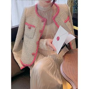 女性用長袖カラーブロックピンクジャケットOネックツイードウールシングル胸肉コートsmlxlxxl
