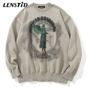 Mens Sweaters LENSTID Men Hip Hop Knitted Jumper Sweaters Angel Lightning Printed Streetwear Harajuku Autumn Oversize Hipster Casual Pullovers 220912