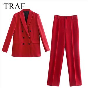 Dwuczęściowe spodnie damskie Traf Suits Autumn Classic Prosty solidna kurtka z podwójnym piersią ubrania ubrania wysokiej talii