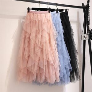 Skirts Summer Womens Fashion Irregular Mesh Tulle Skirt Elastic High Waist Mid Calf Tutu Long Women 2022 Ladies