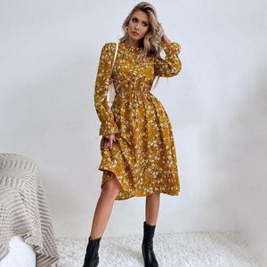 Casual Kleider Herbst Langarm Floral Midi Kleid Frauen 2022 Koreanische Mode Druck Chiffon Elegante Herbst frauen Kleidung