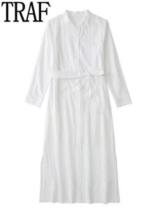 Casual Dresses TRAF Embroidered Shirt Woman Cut Out White Long Women Tied Belt Elegant Sleeve Midi Summer 220912